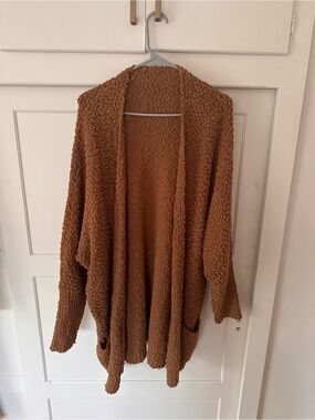 Cozy Open-Front Bouclé Cardigan Sweater - Caramel Brown